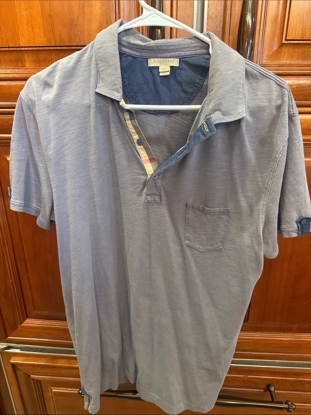 Burberry Men's Slate Blue Polo with Signature Plaid Trim